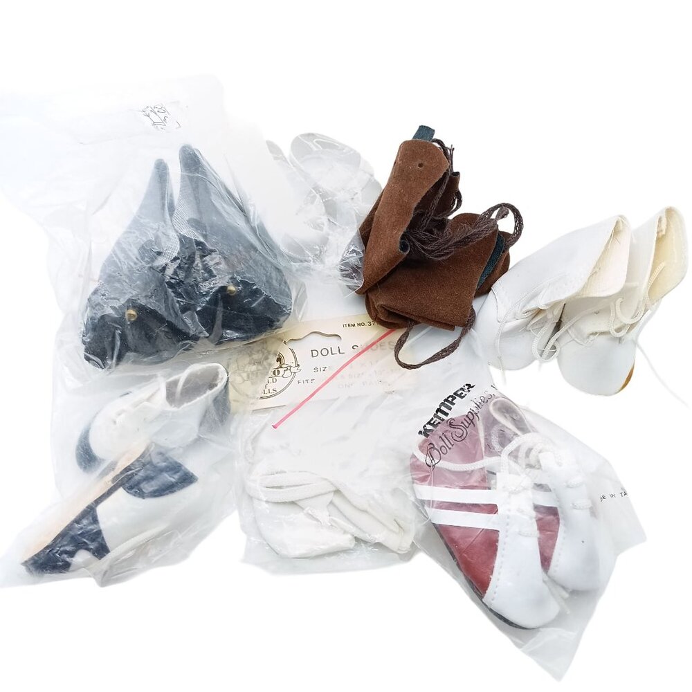 Assorted Vintage Doll Shoes Bundle - Leather & Fabric White/Brown/Black - Doll